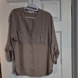 Lightweight Taupe Button-Front Blouse with Roll-Tab Sleeves